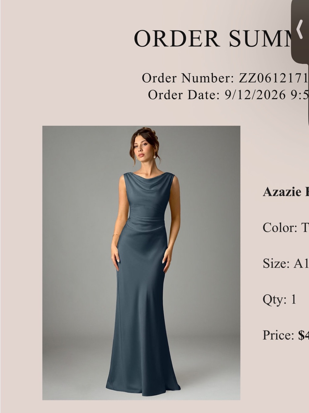 Azazie Teal Satin Cowl-Neck Maxi Gown